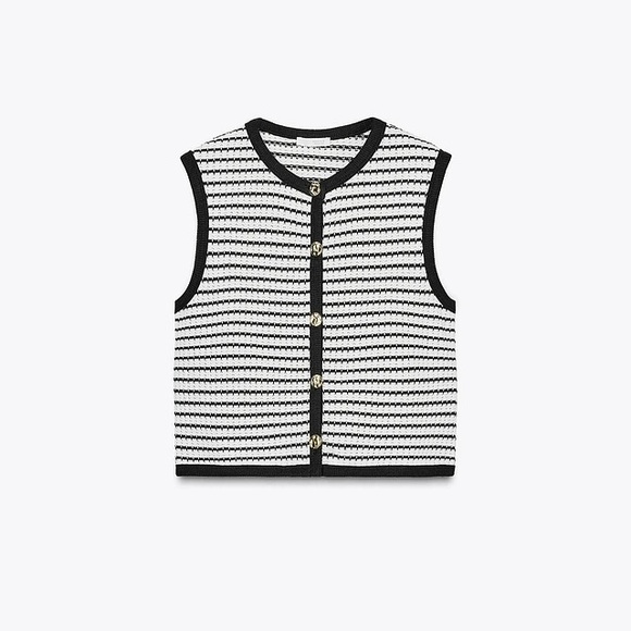 ZARA Striped Knit Crop Vest Gold Button Front Sleeveless Chic Top Size M - Picture 4 of 8
